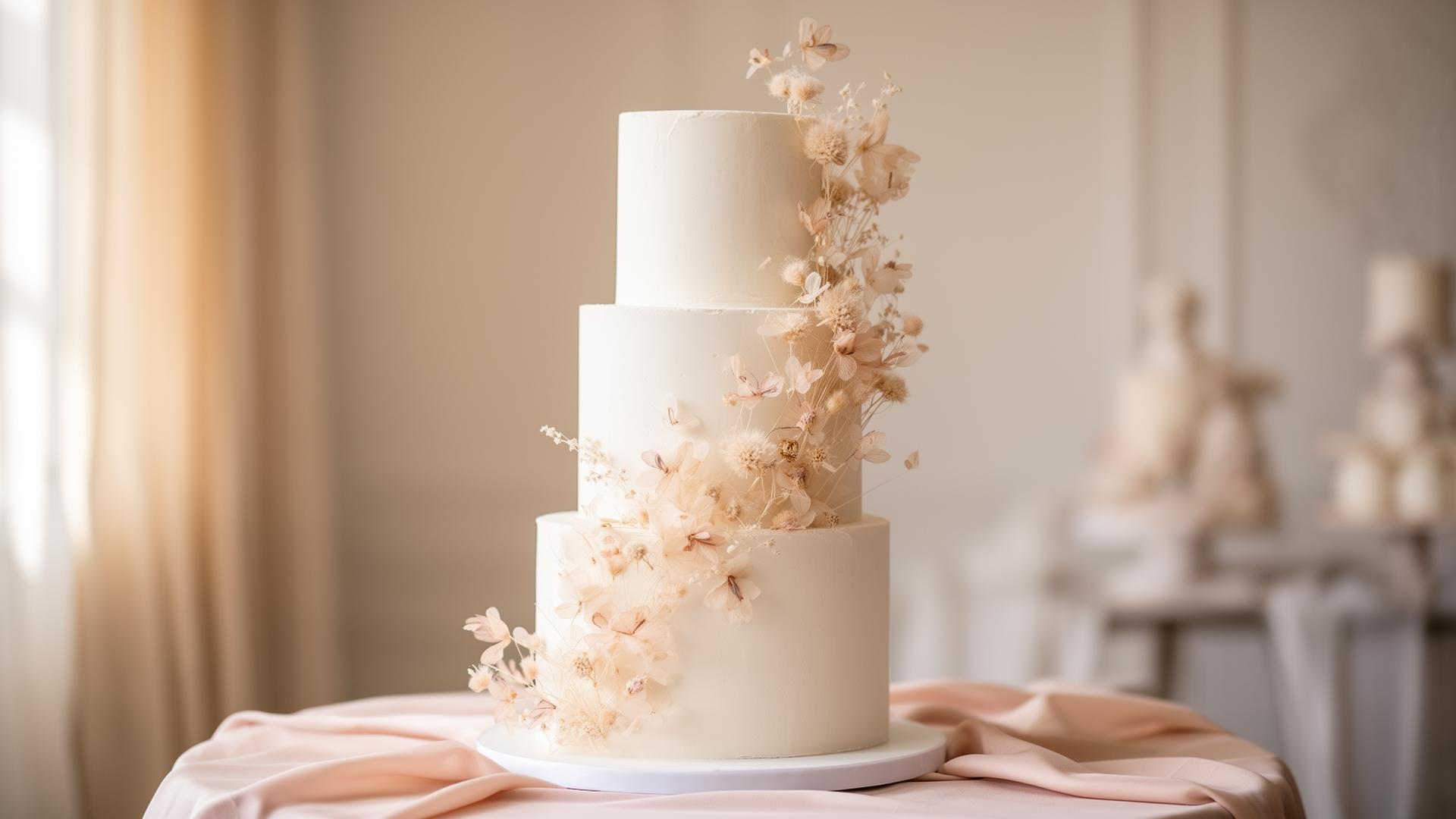 Three-tier wedding cake with dried flowers